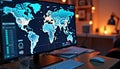 Computer monitor displays global climate change data trends. Visuals, statistics highlight warming effects on world map.