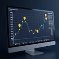 A computer monitor displays a line graph with a dark background and light blue grid Royalty Free Stock Photo