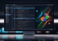 A computer monitor displays lines of code on the left, using a dark-themed text editor interface. Royalty Free Stock Photo