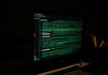 A computer monitor displays lines of green code text against a dark background.