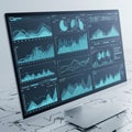 A computer monitor displays various data visualizations, including line graphs, bar Royalty Free Stock Photo