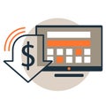 Computer monitor with dollar value decrease symbol. Vector icon Royalty Free Stock Photo