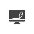 Computer monitor and feather pen vector icon