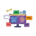 Coding environment display with Java, HTML, PHP, and cloud icons, software engineering concept art Royalty Free Stock Photo