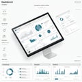 Computer monitor and floating screen panels display a digital dashboard interface Royalty Free Stock Photo