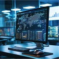 Computer monitor with graphs, map, dashboards. Technological background Royalty Free Stock Photo