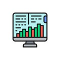 Computer monitor with growth graphs, stock market, finance trade flat color icon