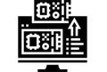Computer monitor icon with QR code scan interface and upload arrow, minimalist black and Royalty Free Stock Photo