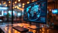Computer monitor with interactive 3D globe displaying live data flow between countries. Concept Technology, Data Visualization,