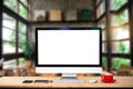 Computer Monitor, Keyboard, coffee cup and Mouse with Blank or White Screen Isolated Royalty Free Stock Photo