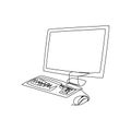 Computer monitor, keyboard, mouse continuous line drawing. One line art of home appliance, LSD screen, personal computer