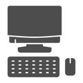 Computer monitor with keyboard and mouse solid icon, smart home symbol, technology vector sign on white background, pc Royalty Free Stock Photo