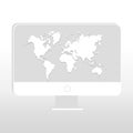 Desktop with world map on screen on gray or white background. Vector illustration with modern computer monitor for Royalty Free Stock Photo