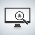 Computer monitor with magnifying glass and bugs. Virus concept. illustration isolated on modern background. Royalty Free Stock Photo
