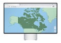 Computer monitor with map of Canada in browser, search for the country of Canada on the web mapping program