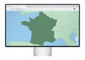 Computer monitor with map of France in browser, search for the country of France on the web mapping program
