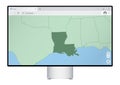 Computer monitor with map of Louisiana in browser, search for the country of Louisiana on the web mapping program