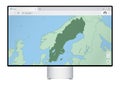 Computer monitor with map of Sweden in browser, search for the country of Sweden on the web mapping program Royalty Free Stock Photo