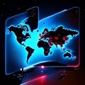 Computer monitor with a map of the world on a dark background. AI Generated Royalty Free Stock Photo