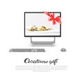 Computer Monitor With Robbon Bow And Holiday Decorations Christmas Gift Concept New Year Sales On Gadgets Banner Royalty Free Stock Photo