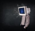 Computer monitor screen exploding on a young persons head Royalty Free Stock Photo