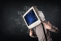 Computer monitor screen exploding on a young persons head Royalty Free Stock Photo