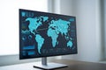 Computer monitor showing global data analytics and world map with connections illustrating connectivity Royalty Free Stock Photo