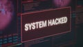 Computer monitor showing hacked system alert message flashing on screen