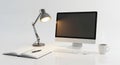 Modern Minimalist Workspace with Desktop Computer and Warm Lamp Light Royalty Free Stock Photo