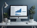 computer monitor sitting on top of a white desk, displaying stock charts, corner office background,