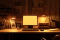 Computer monitor sitting on top of wooden desk next to keyboard. Generative AI Royalty Free Stock Photo