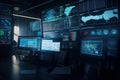 Computer monitors in a dark room. The concept of business and technology, Generative AI