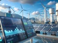 Computer monitors displaying data charts and graphs in front of a solar and wind power plant. Wind turbines, solar Royalty Free Stock Photo
