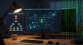 Computer monitors displaying network visualization and code with falling binary digits effect Royalty Free Stock Photo