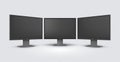 Computer monitors realistic mockups set. PC empty screens templates. Front, three quater view. Royalty Free Stock Photo