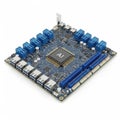 Computer motherboard with blue components and central processor isolated on white background Royalty Free Stock Photo