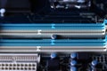 Computer motherboard closeup in tilt shift style. Empty four slots for RAM memory stick Royalty Free Stock Photo