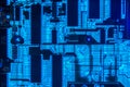Computer motherboard chips closeup glowing Royalty Free Stock Photo