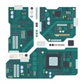 Computer motherboard illustration. Green panel with compartment for central processor capacitors and inputs connecting Royalty Free Stock Photo
