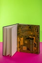 Computer motherboard in a large open book on a colored background Royalty Free Stock Photo
