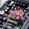 Computer motherboard with pink flowers growing between the components. Royalty Free Stock Photo