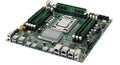 A computer motherboard with various components and ports on a white background Royalty Free Stock Photo