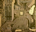 Computer motherboard with wires, solder view.