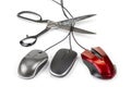 Computer mouse with black cable and scissors. Cut out or wireless connection. Royalty Free Stock Photo