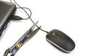 Computer mouse with black cable and scissors. Cut out or wireless connection. Royalty Free Stock Photo