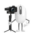 Computer Mouse Cartoon Person Character Mascot with DSLR or Video Camera Gimbal Stabilization Tripod System. 3d Rendering Royalty Free Stock Photo