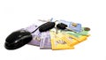 Computer mouse, cay key and cash money on isolated Royalty Free Stock Photo