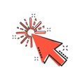 Computer mouse cursor icon in comic style. Arrow cursor vector cartoon illustration pictogram. Mouse aim business concept splash Royalty Free Stock Photo