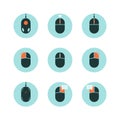 Computer Mouse with Highlighted Functions. Flat Style Vector Icon Set