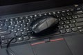 Computer mouse on laptop keyboard